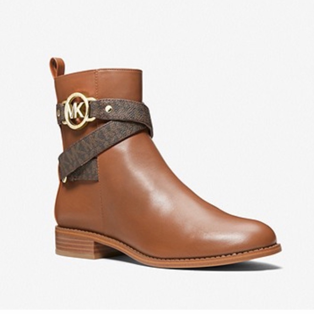 MICHAEL KORS Rory Faux Leather and Logo Ankle Boots Tan 6.5